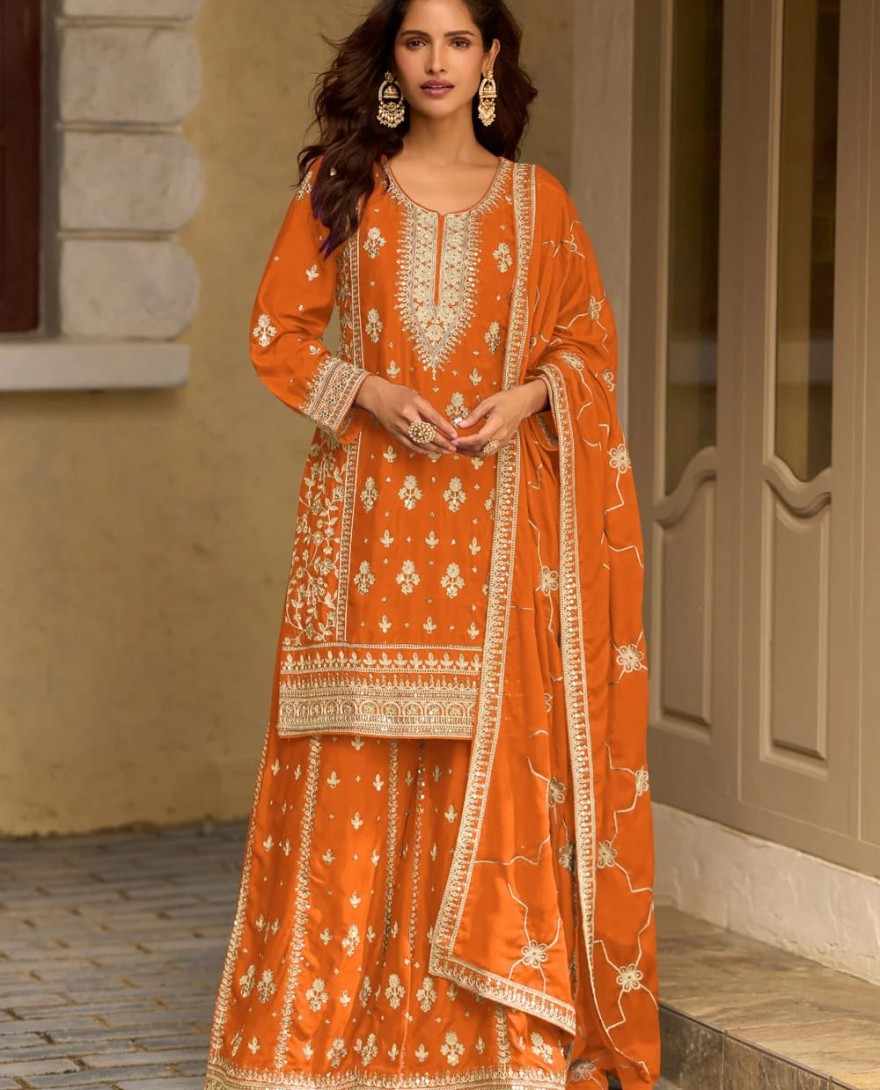 ORANGE - Chinon Salwar Suit In Orange Colour